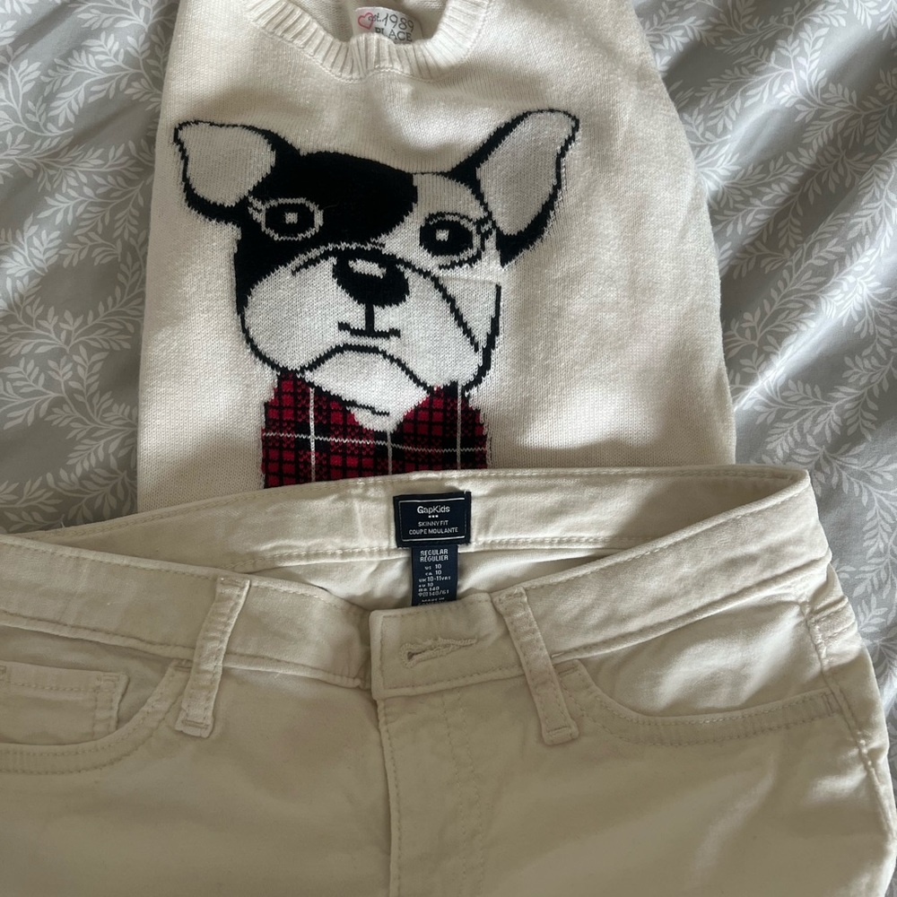 Cream Dog Sweater and Gap velvet Pants Set
